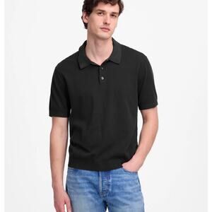 NWT Madewell Three-Button Sweater Polo Shirt In Black Coal Size L